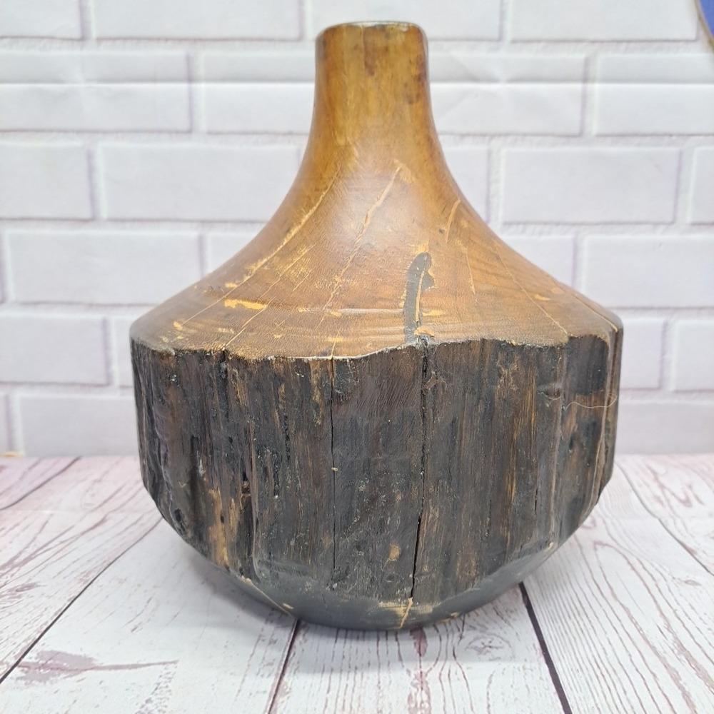 VTG Live Edge Sculptural Solid Wood Vessel Vase Weedpot Home Decor, 9in Tall